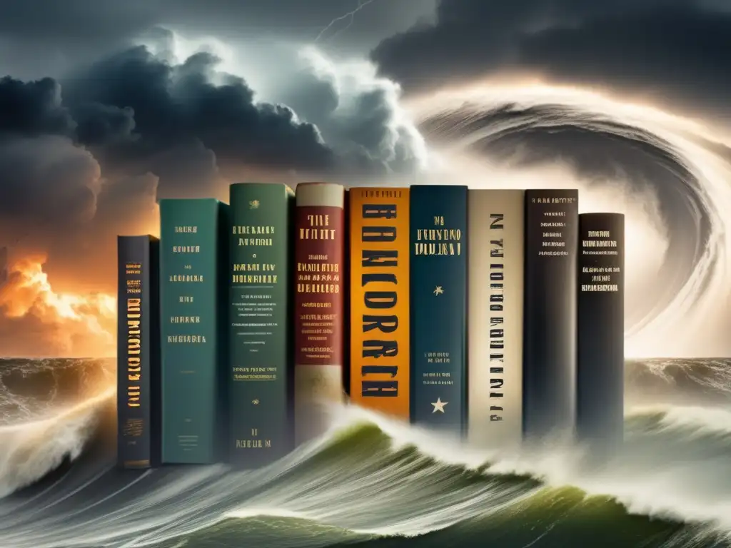 A cinematic image of hurricane books, comparing A Furious Sky to others, against a background of hurricane devastation