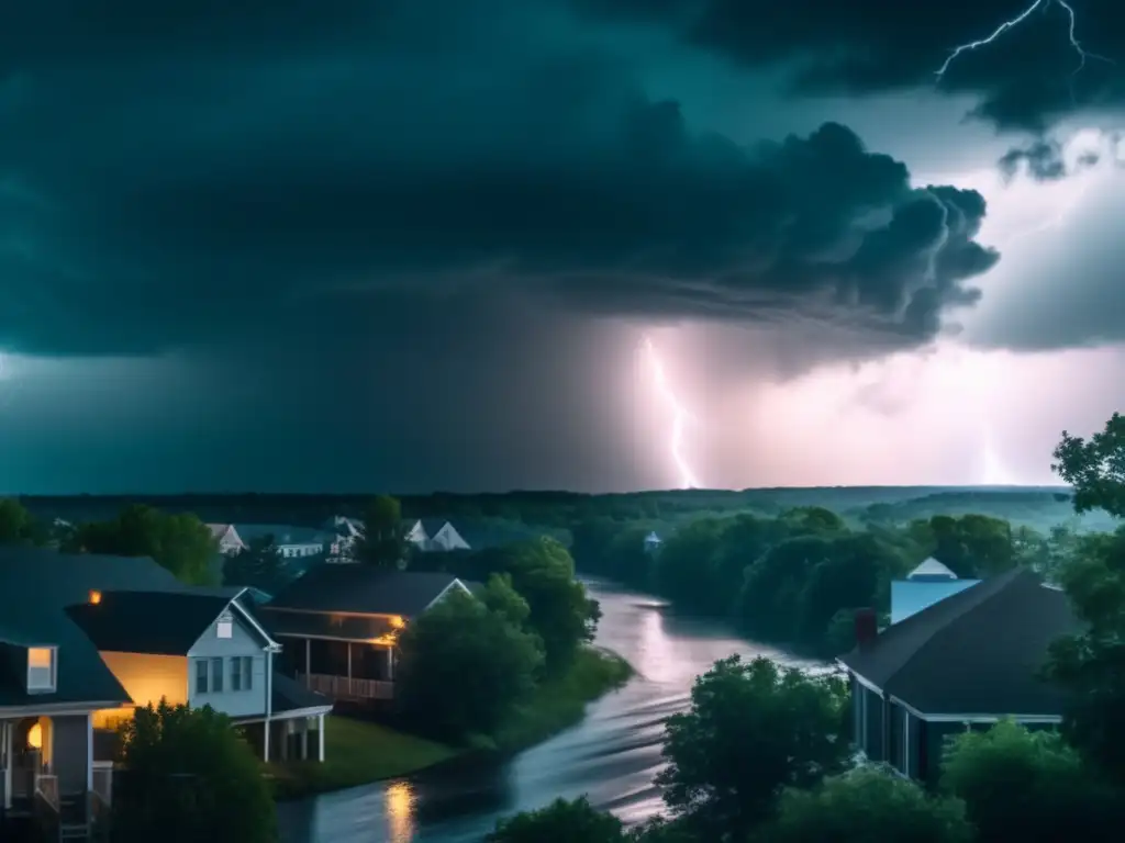 A cinematic style image of a hurricane brewing on the horizon, with a small town visible in the foreground, surrounded by trees and a river