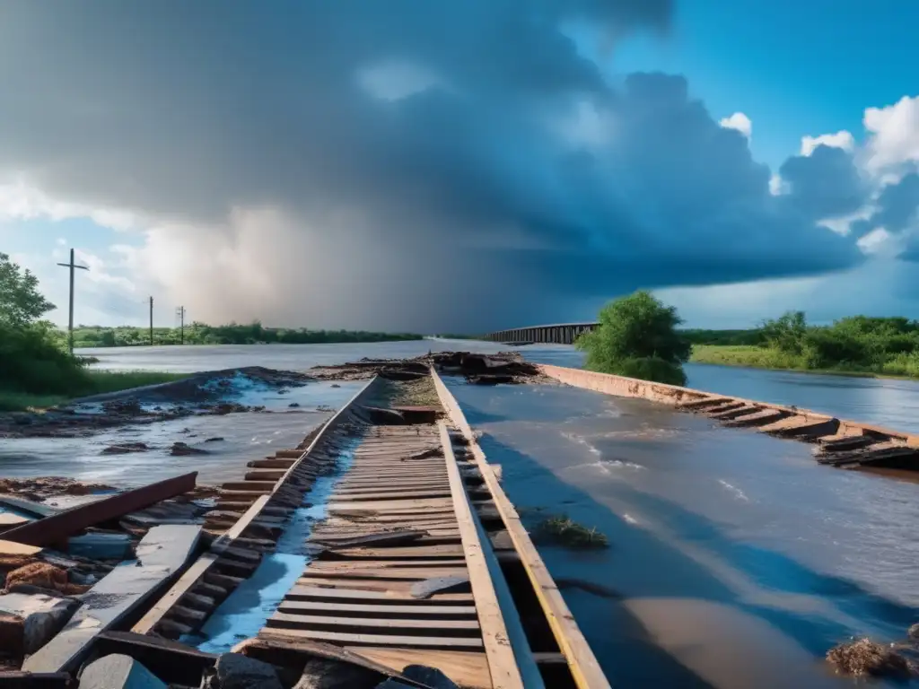 A breathtaking image of the aftermath of a hurricane's wrath,featuring a destroyed bridge/road with debris scattered across