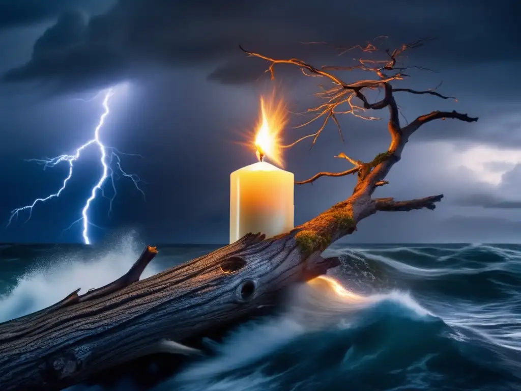 A hurricane wrecks the tree, leaving a burning candle on a fragmented branch