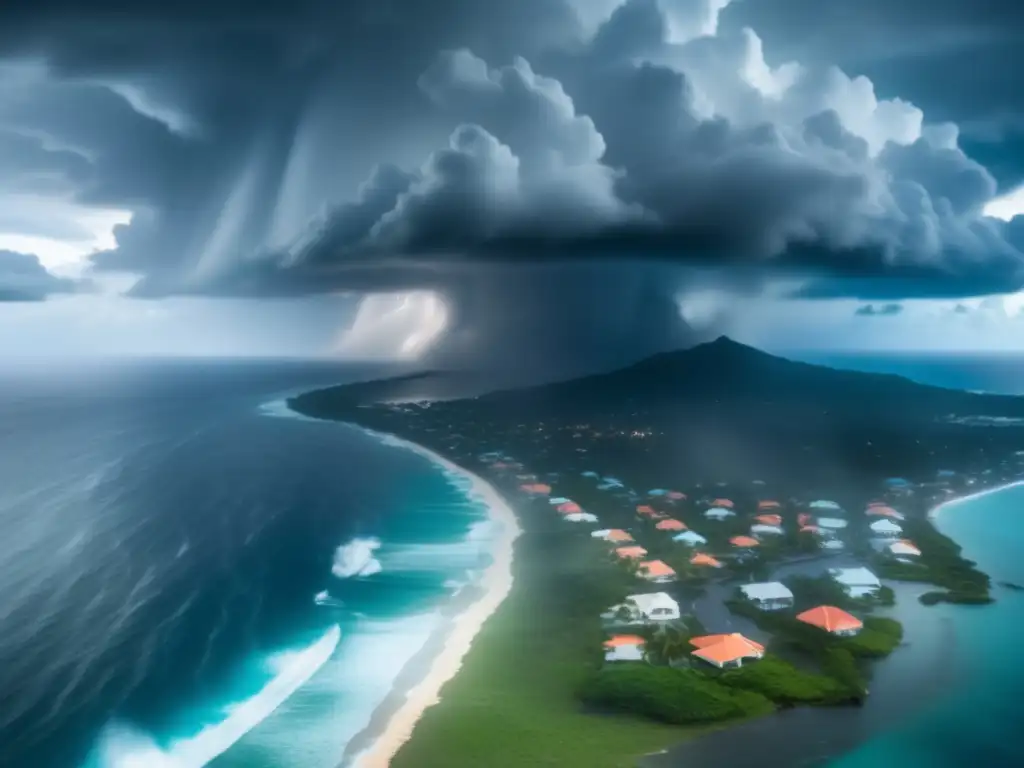 A hurricane rages over the turquoise waters of the Caribbean Sea, a swirling maelstrom of clouds, rain, and lightning illuminating the scene