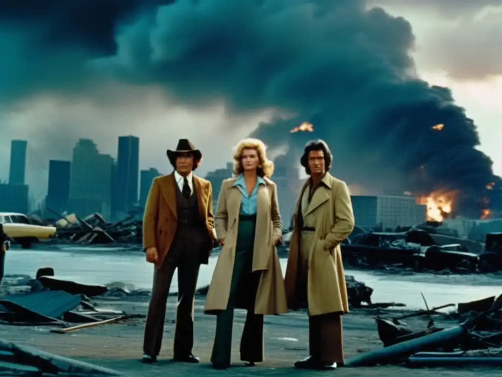 An atmospheric 8K image of the Night of the Hurricane (1974, TV Movie) cast, determined to survive against the backdrop of a hurricane-torn cityscape