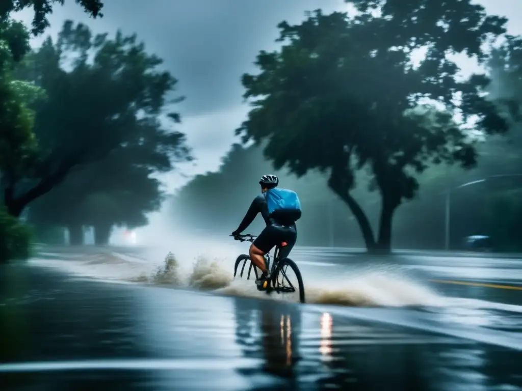 A man on a bicycle cautiously pedals through a flooded street during a hurricane, with the rear tire partially submerged in the water