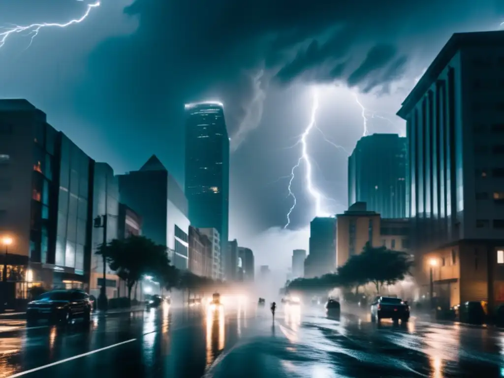 A harrowing photo captures a hurricane's wrath as families scramble to safety amidst towering buildings swaying dangerously in the rainstorm