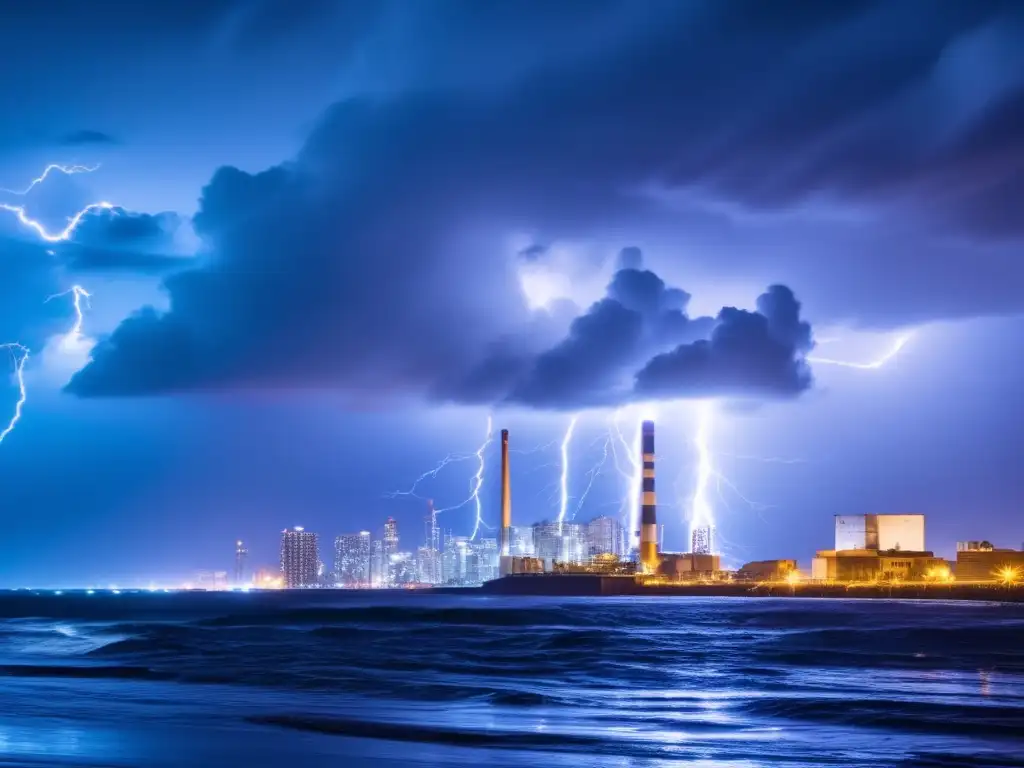 A dramatic coastal cityscape during a stormy night, with lightning illuminating buildings and cars, and powerful waves crashing against the shore