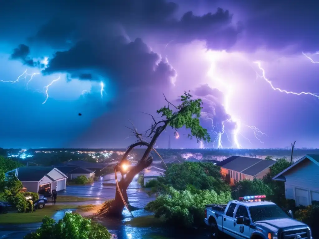 Amidst the fury of a hurricane, a brave individual scaling a tree to repair a damaged cell tower, with lightning strikes and passing planes above, while below, emergency responders search through debris in a ravaged city