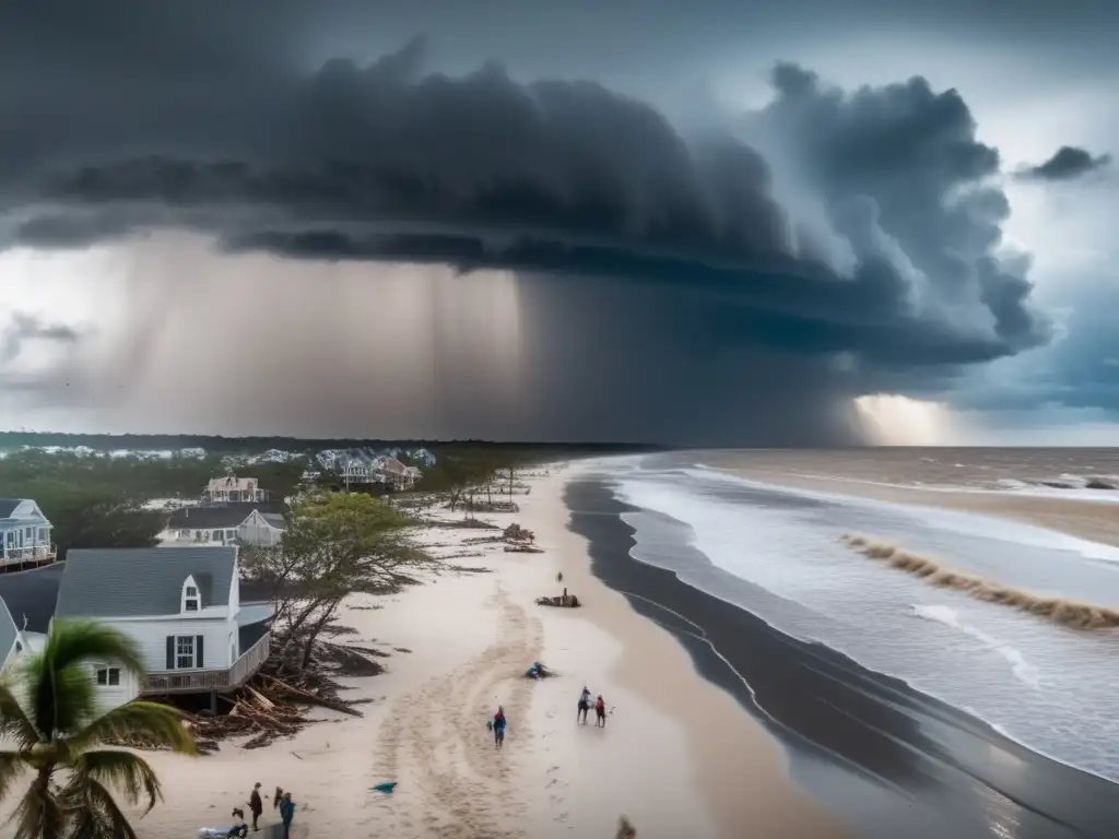 A panoramic view of a coastal region devestated by a hurricane