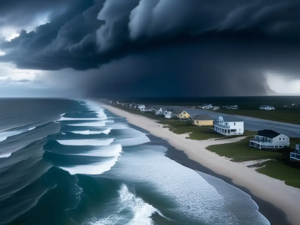 A powerful hurricane hits the coastline, causing massive waves to crash onto the shore, resulting in erosion and destruction of the landscape