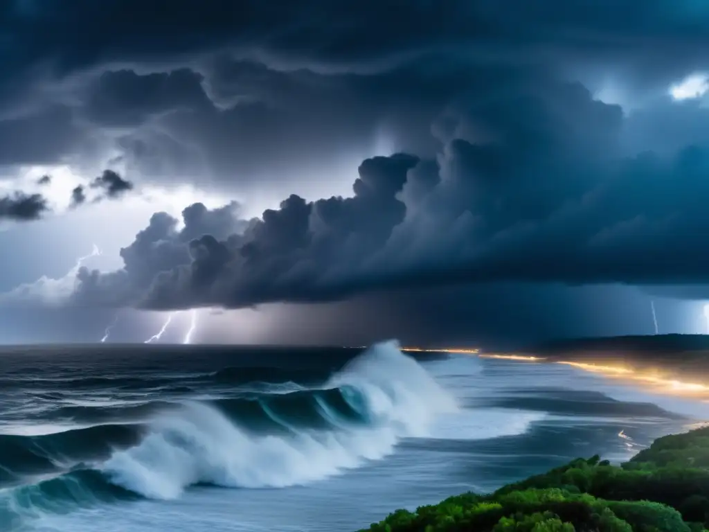 A thrilling cinematic image of a hurricane's formation, with dark clouds obscuring the sky and raging waves below