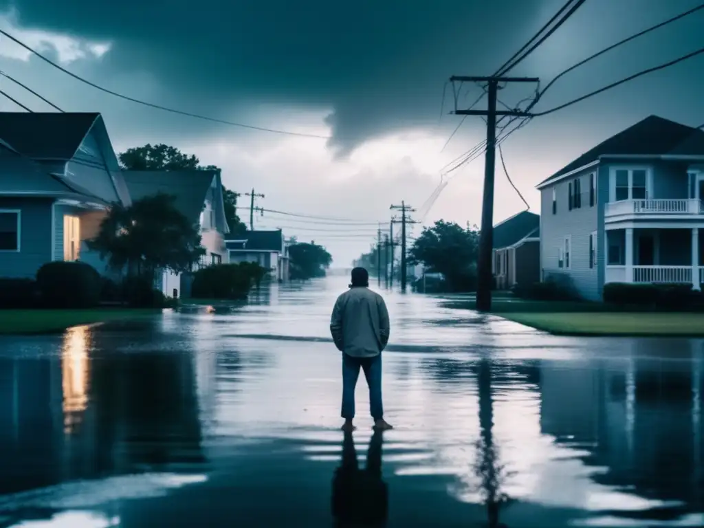 Dash: - An atmospheric image of a person standing in a quiet suburban neighborhood, surrounded by rising hurricane waters