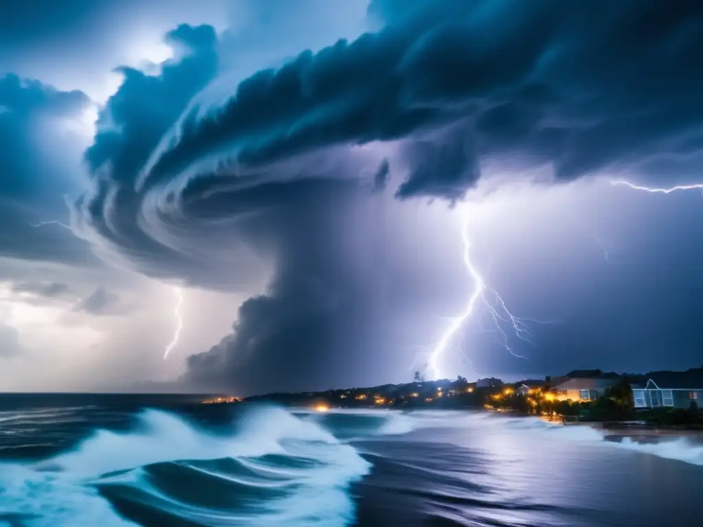 A cinematic shot of a massive hurricane tearing through a coastal town, with lightning and dark rain illuminating the chaos