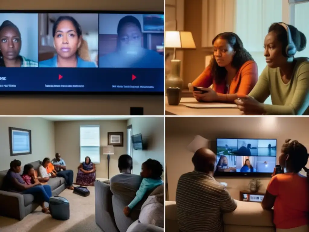 A family huddles in their home, faces etched with concern, as they listen to a hurricane news report on their TV