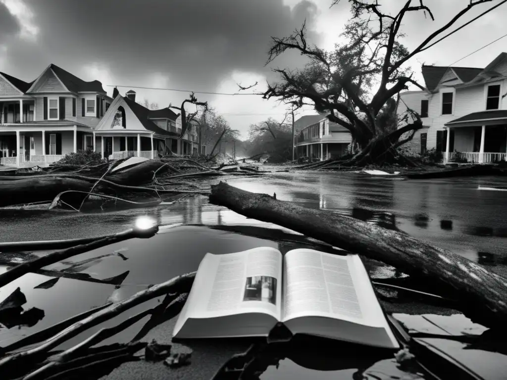 A devastating hurricane wreaks havoc on a city, leaving twisted branches, shattered glass, and water flooding the streets