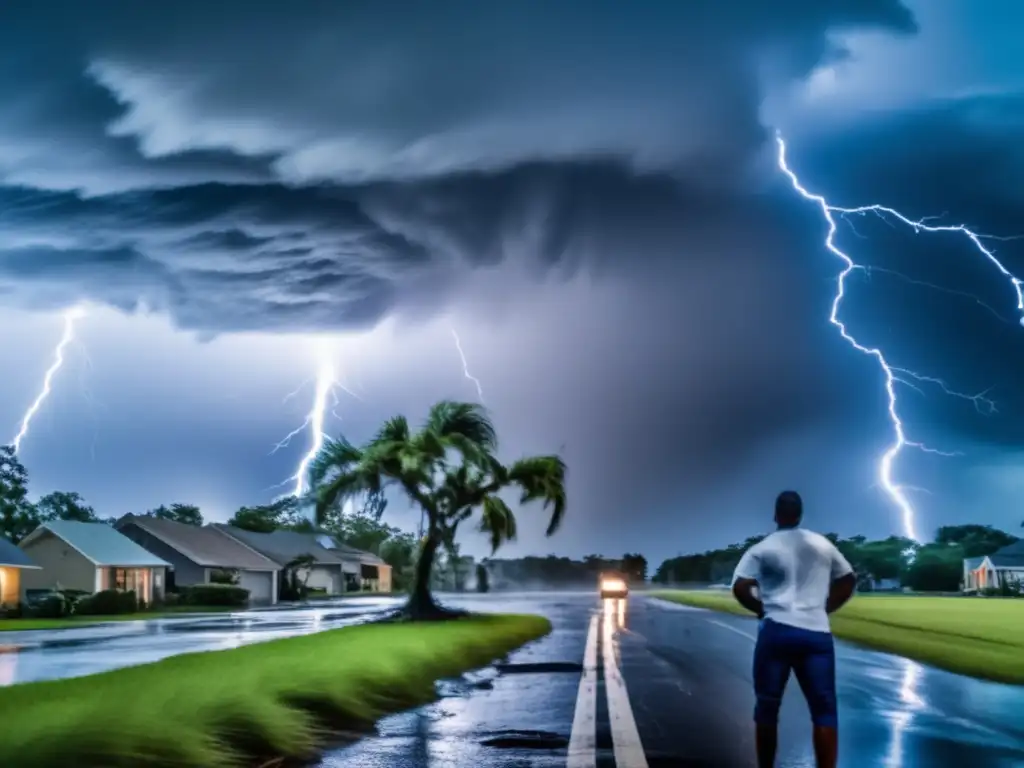 Amidst the chaos of a raging hurricane, with torrential winds and rain pouring from the clouds and lightning striking the ground, damage ensues