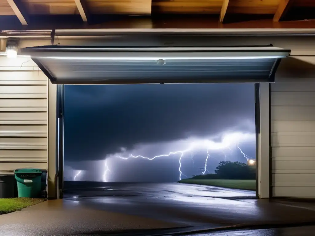 Suspenseful image of a garage door swaying in a hurricane, with light cascading through a broken door