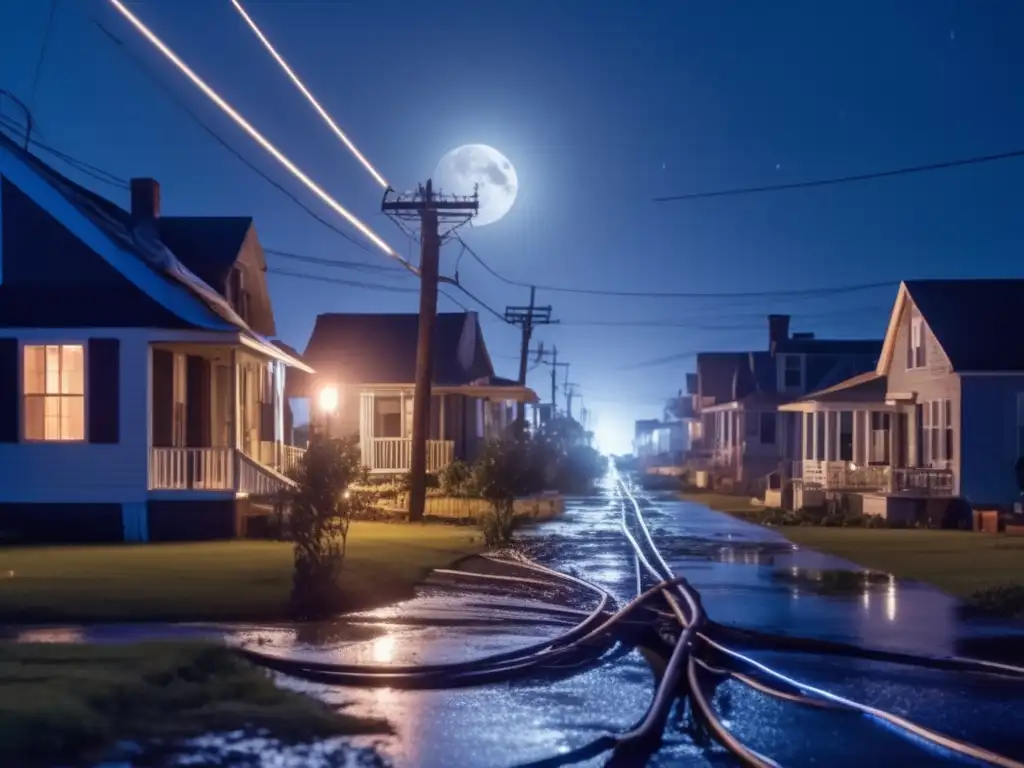 A breathtaking cinematic image of Hurricane damage at night, with scattered power lines and homes in the foreground, a glowing moon in the background, capturing the importance of restoring electricity and the resilience of communities in the face of adversity