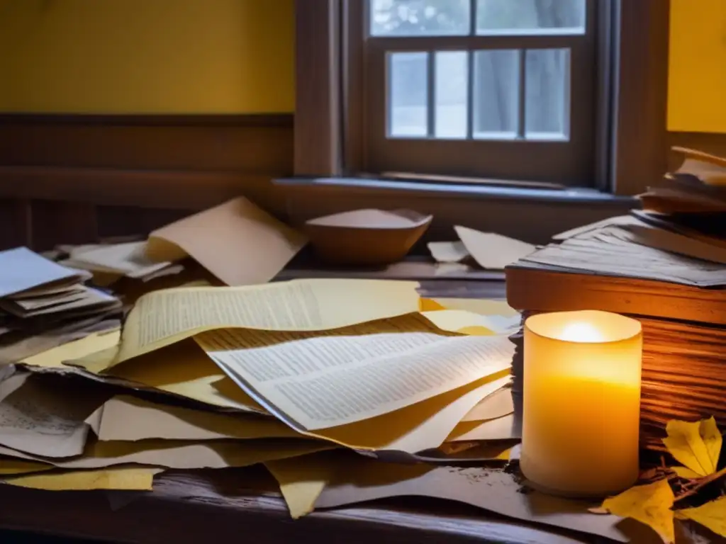 Amidst hurricane debris, yellowed photographs and paper documents lie scattered on a wooden table, casting shadows with unlit lamps