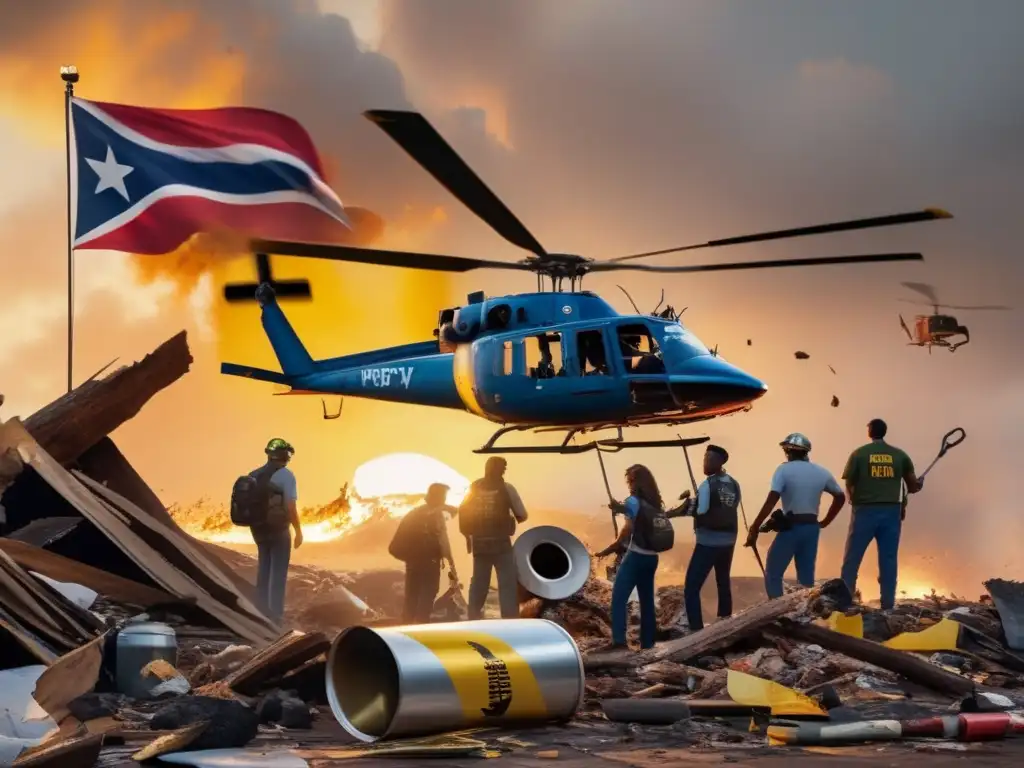 A devastating scene of a hurricane-torn state flag, with a helicopter hovering above and determined people in front of debris