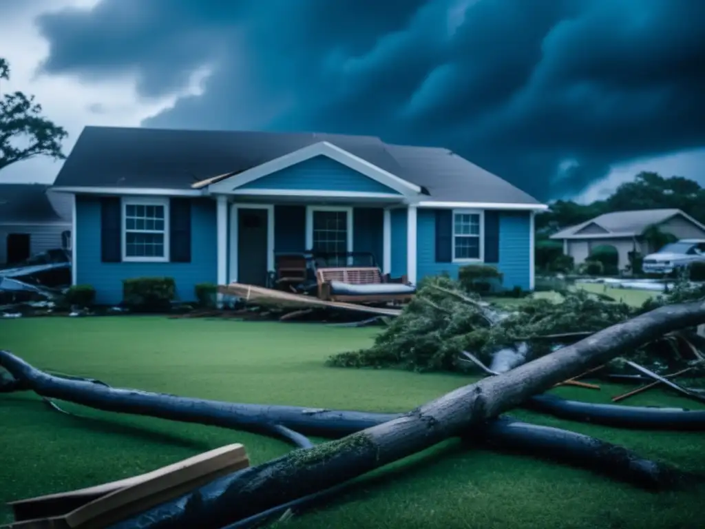 A cinematic image of a storm-damaged home with fallen branches and overturned furniture on the lawn and driveway