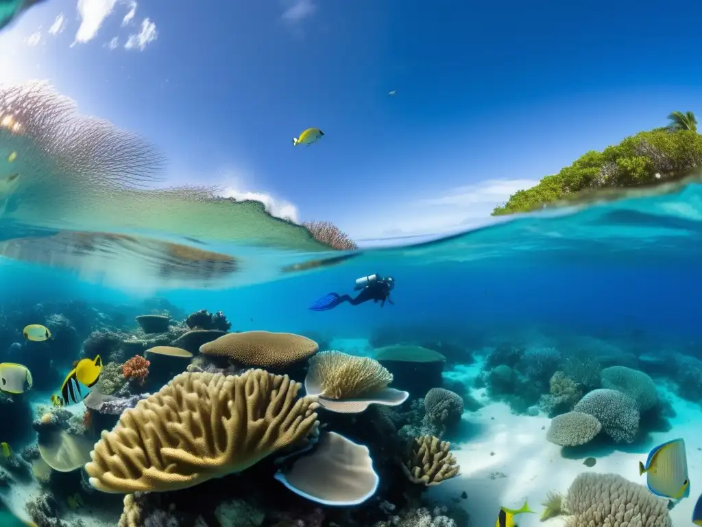 ️The vibrant coral reef, a tapestry of colors and life, lies submerged in the calm turquoise of the ocean sea