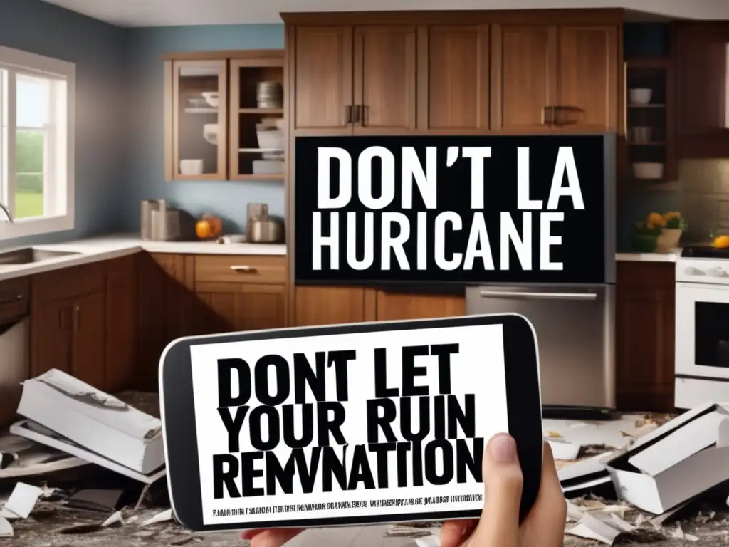 person holding remote watch TV show destroyed kitchen appliances scattered tornoff flyers 'Don't Let A Hurricane Ruin Your Home'