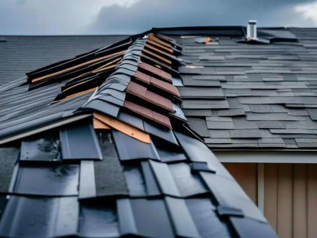 A cloudy sky looms ominously behind a severely damaged residential roof