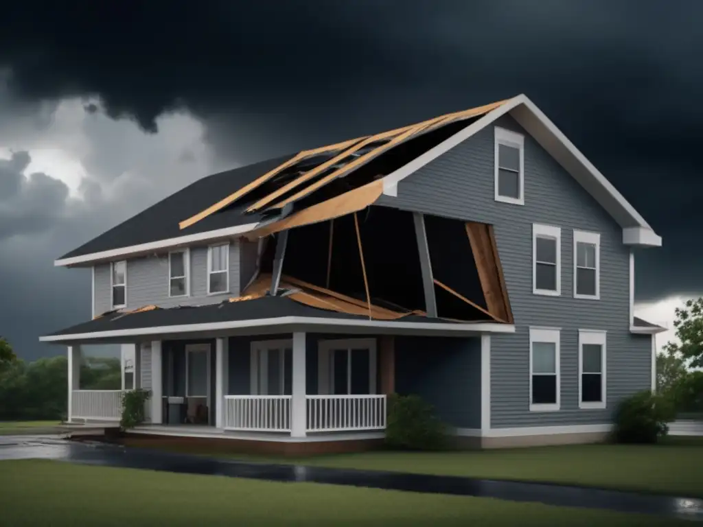 Hurricane damage: A dark cloud engulfs a residential building as a gust of wind threatens to topple the damaged roof