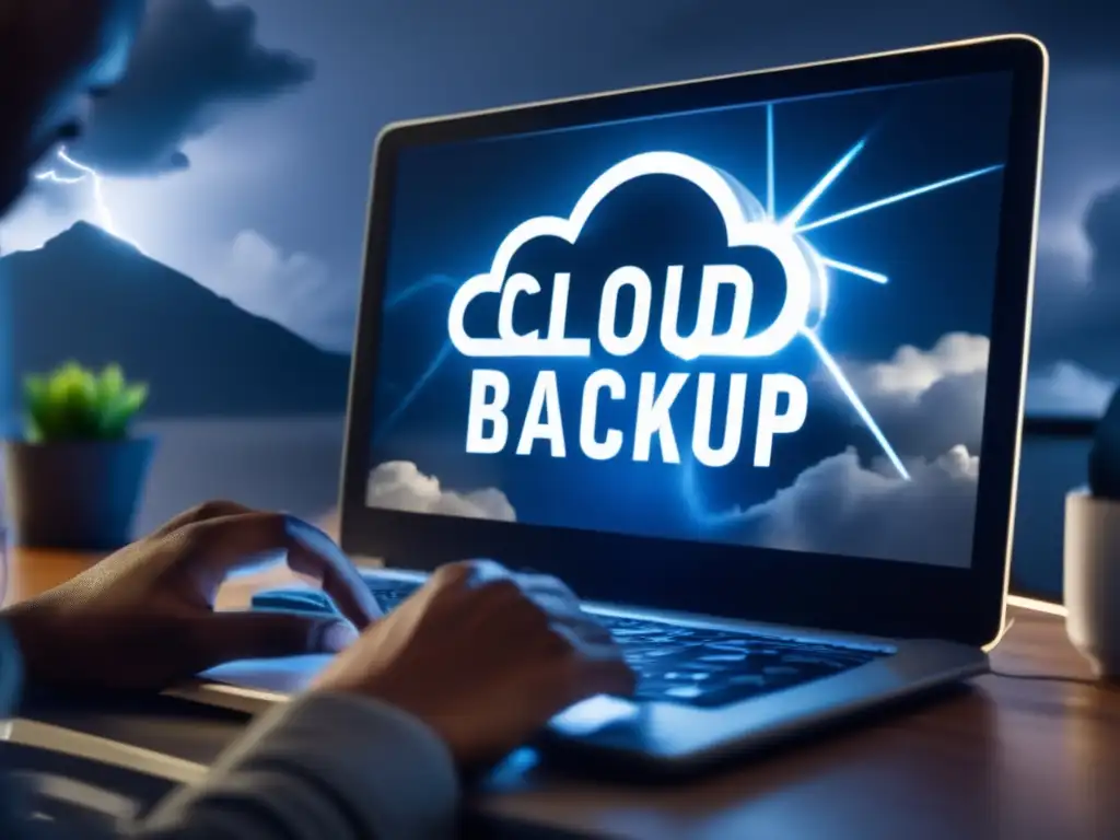 Amidst a stormy sky with lightning, a person sits in front of their computer, typing and clicking on a cloud backup icon