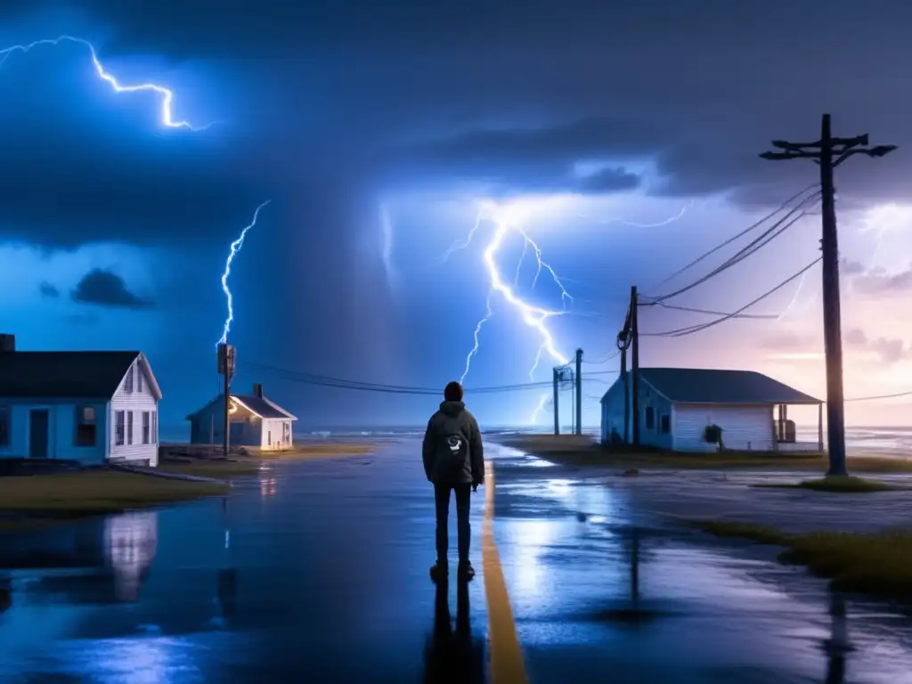 A lone figure stands in a desolate coastal town, battered by a hurricane and tormented by empty roads, downed power lines, and flooded buildings