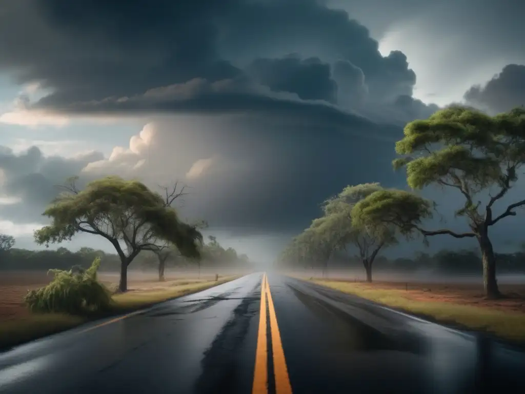 A harrowing scene of a deserted road in a bleak town devasted by a hurricane