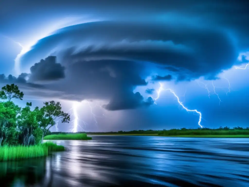 A dramatic and stunning image of a hurricane making its way over the bayou