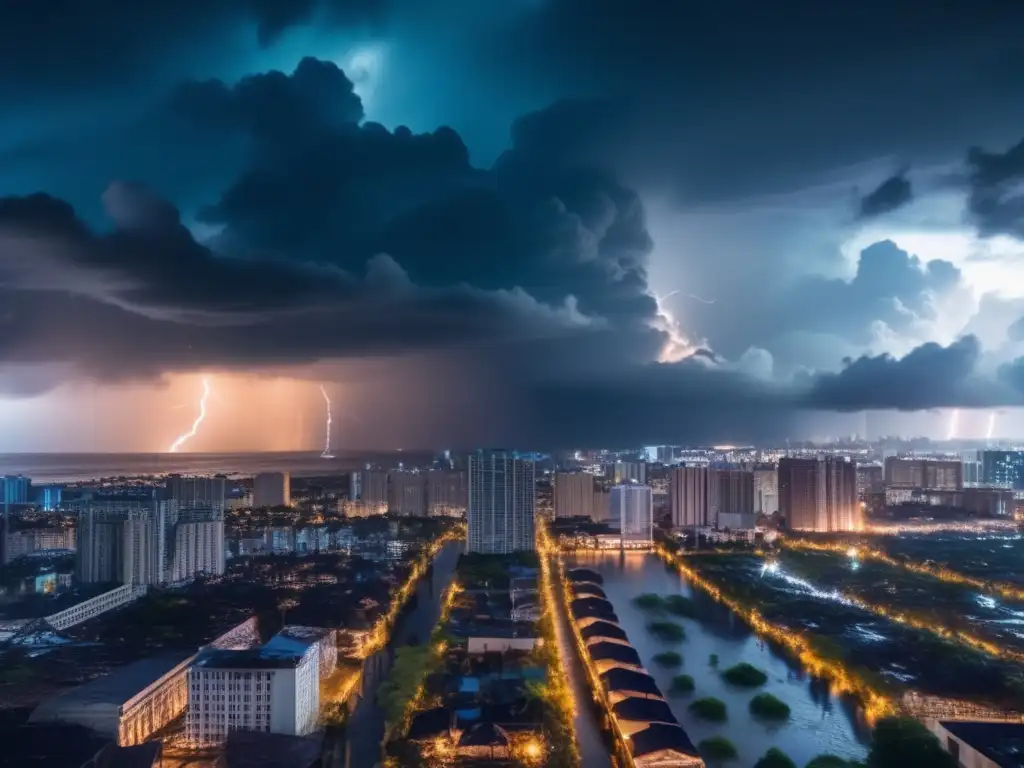 A cinematic view of a hurricane-wrecked city from above, with dark and stormy skies lighting up the sparkling lights of destroyed buildings