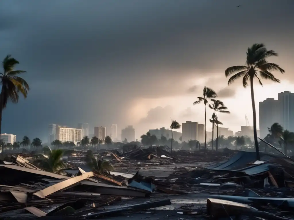 Storm ravages cityscape: debris and destruction scattered in foreground, overcast sky, wind evident in palm trees and structures in background