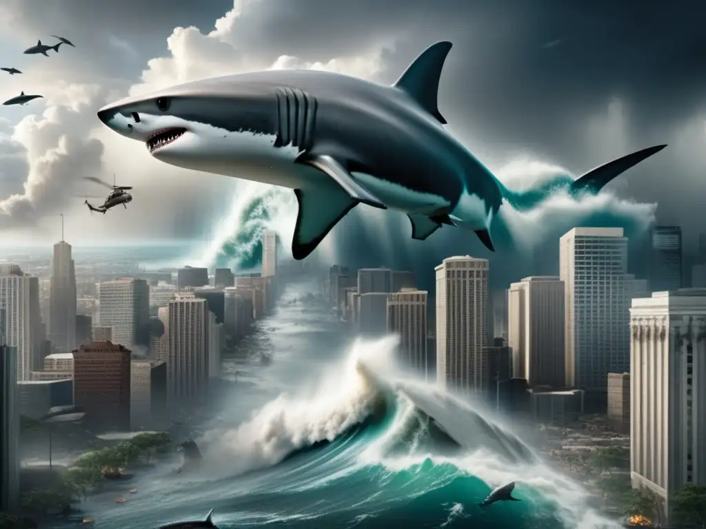 Amidst the turmoil of a city hit by a hurricane, a shark plummets through buildings and streets, causing havoc