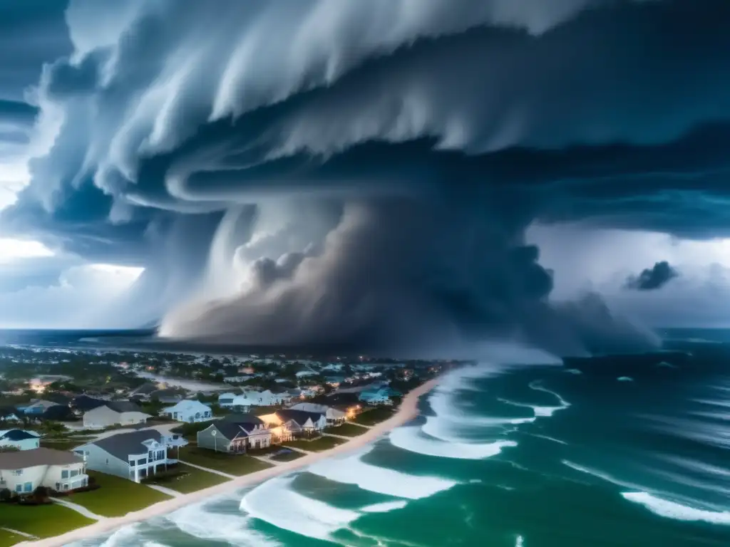 Hurricane strikes the coast, causing devastation as lightning flashes and waves crash against buildings