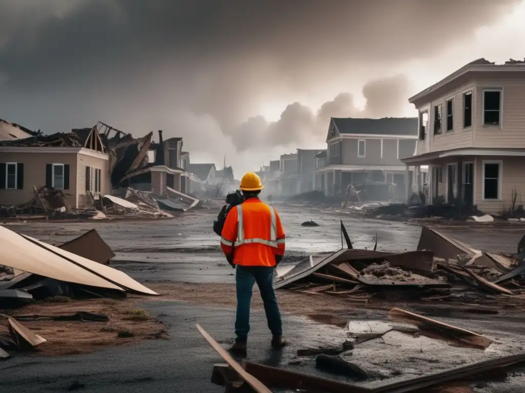 A person stands in front of a destroyed town, surrounded by chaos and danger