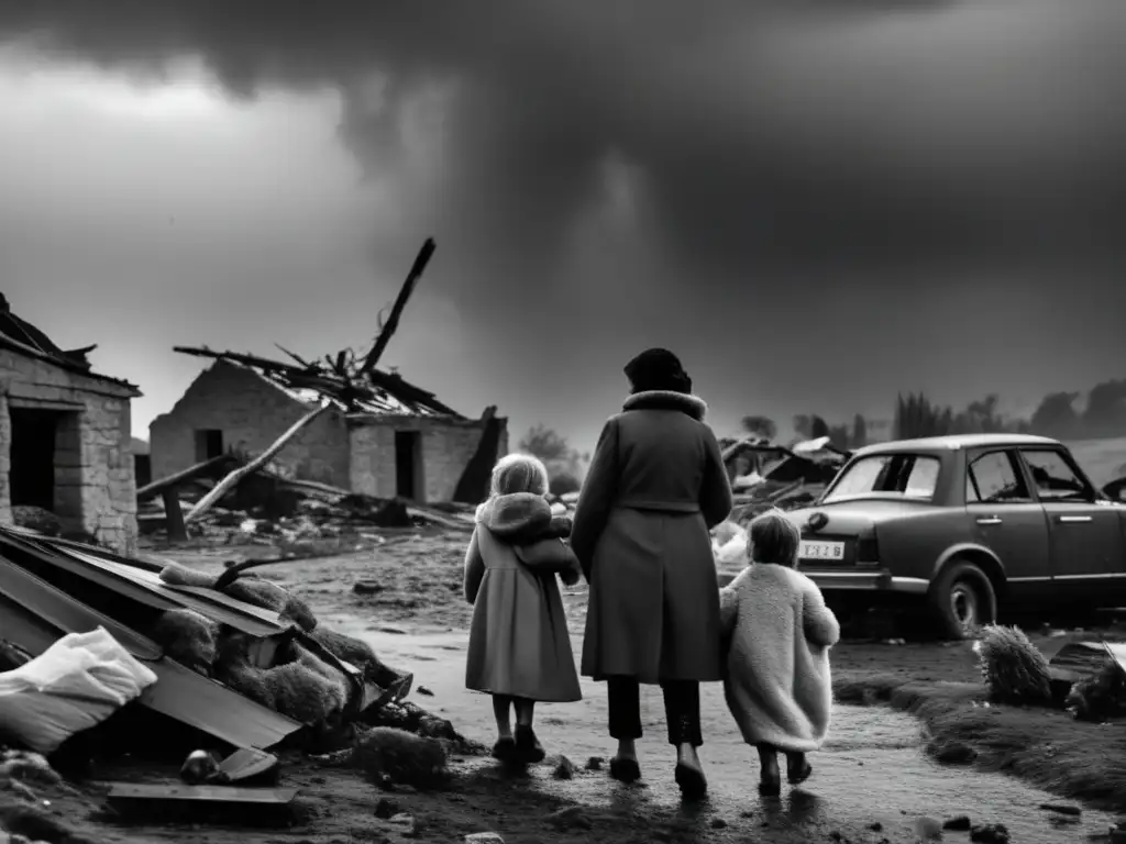 A bleak image captures the devastation caused by the storm, with winds and rain raging in the background