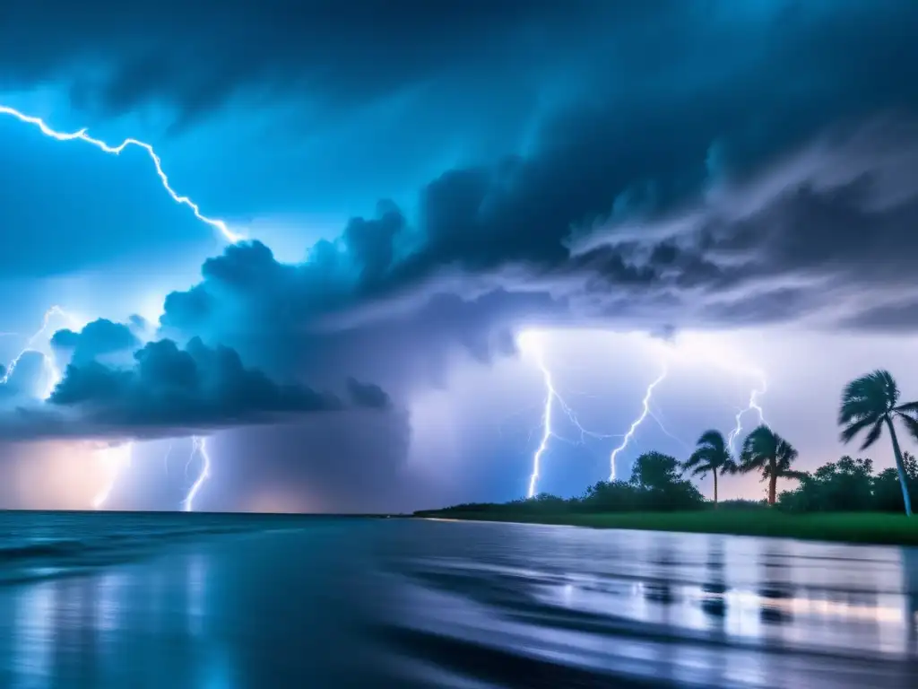 A cinematic style image of a hurricane hovering over Florida, with lightning bolts striking the water and winds blowing across the state