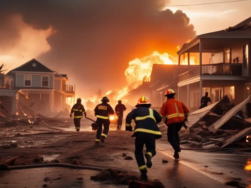 A cinematic still shot of 'The End of the World' captures the emotional intensity of the final moments, as a heroic fireman tries to save a fellow survivor amidst the destruction wrought by a hurricane