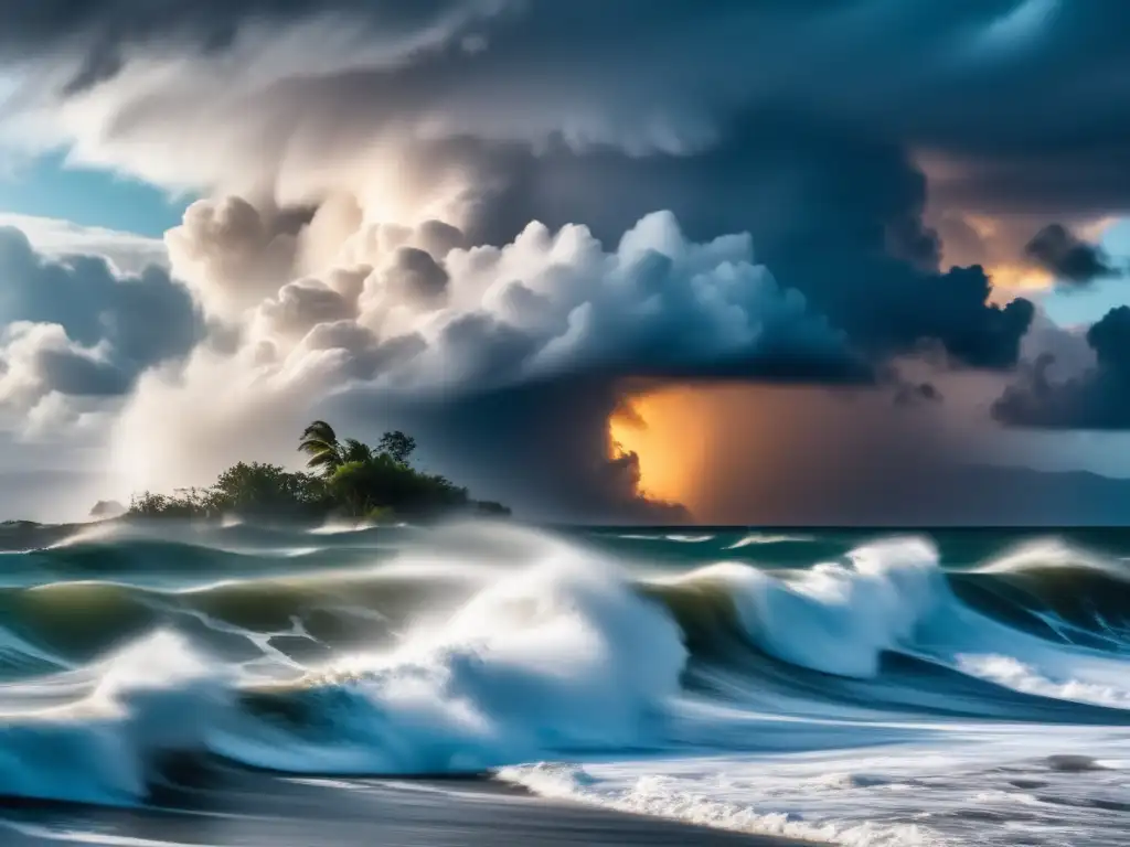 A powerful and destructive hurricane engulfs the ocean, churning up the water beneath it