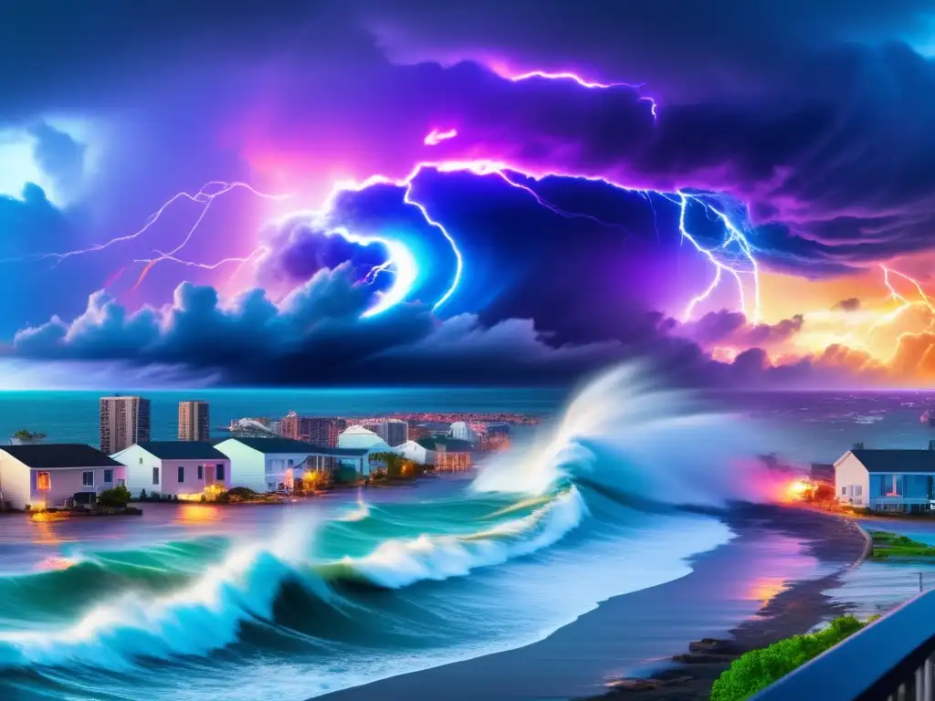 A cinematic masterpiece of a destructive hurricane tearing through a coastal city, with swirling clouds of electrifying colors in the background, a sense of chaos and devastation in the foreground, and immense power and impact of the storm surge, set against a stormy sky and the distant horizon