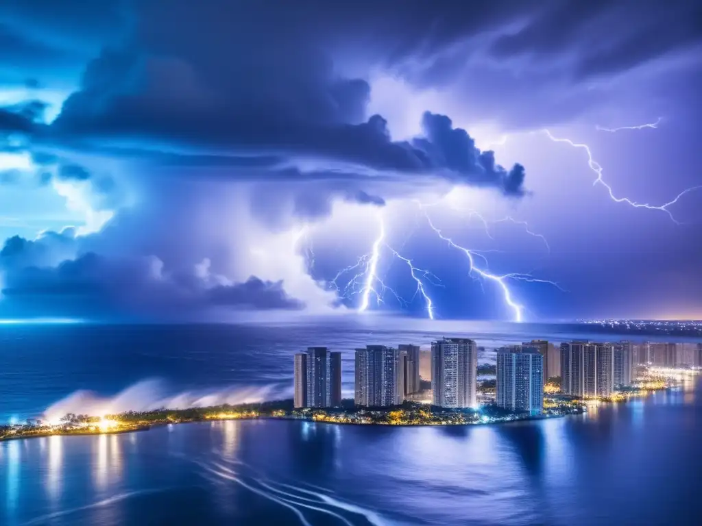 A space view of a destructive hurricane, with swirling clouds and lightning, half-destroyed buildings, blue waves, and a helicopter rescuing people