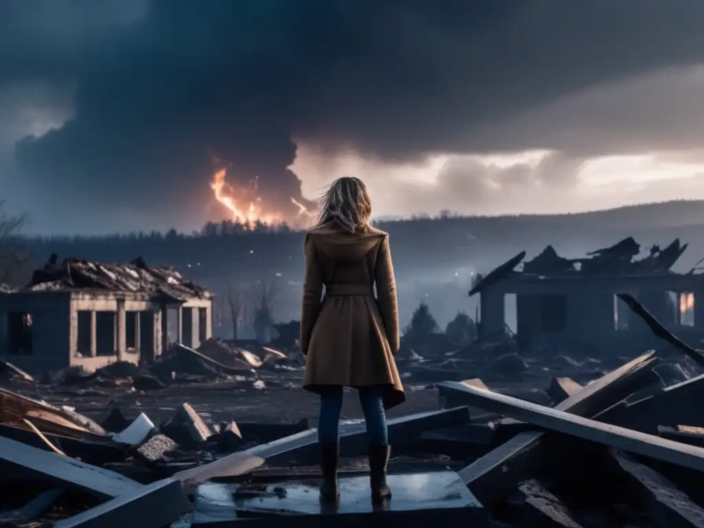 A poignant and powerful cinematic image of a woman standing atop the remnants of her decimated home, staring out at the ravaged landscape of her town