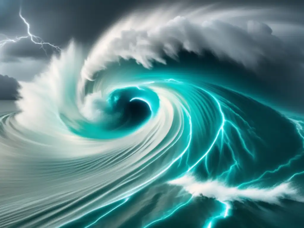 A photorealistic image captures the intensity and danger of a hurricane, with swirling rain bands, lightning, and turquoise waters in the background