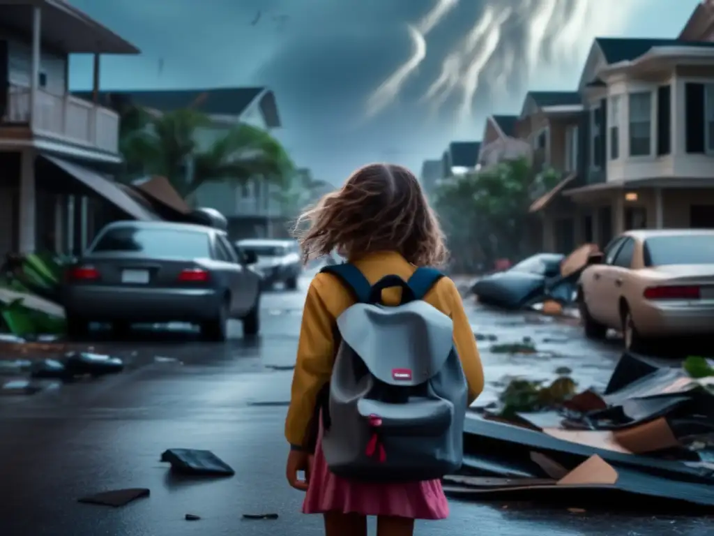 A poignant image of a young girl alone in a hurricane- ravaged community, carrying her backpack and suitcase amidst debris, cars, and fallen trees