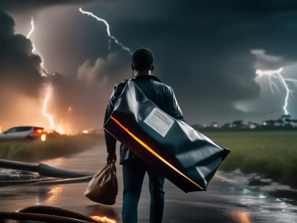 Amidst a chaotic hurricane scene, a person clutches a distinctive orange fireresistant document bag to their chest