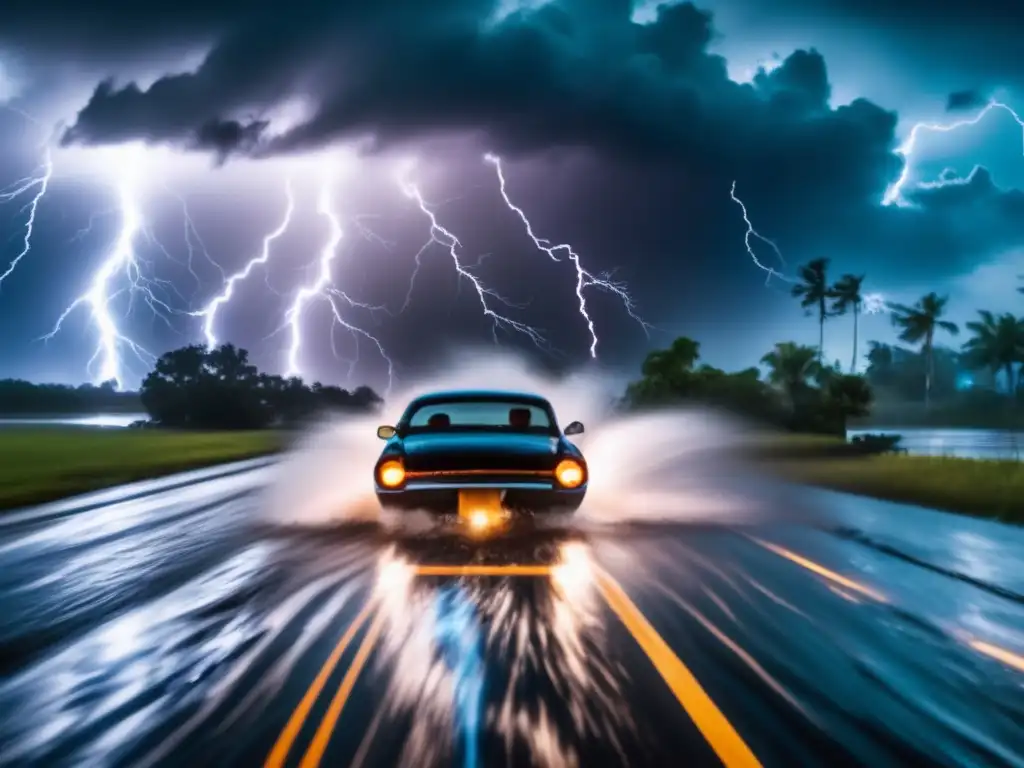 A person navigates through a dangerous hurricane, with lightning bolts illuminating the background and flooded roads ahead