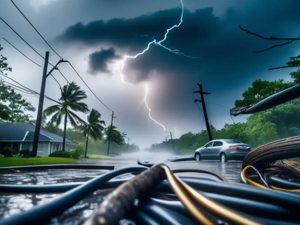 A harrowing image of a hurricane scene with perilous electrical cords in the background, among debris and downed trees