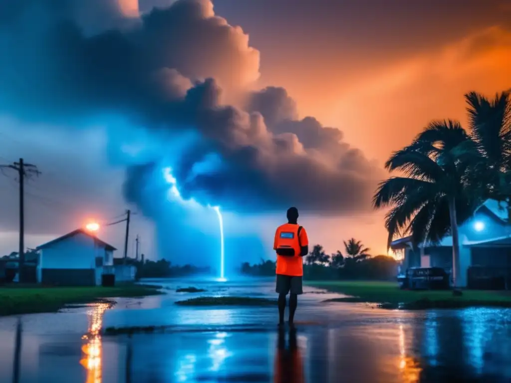 A person stands in the midst of a hurricane, clutching a UV water purifier