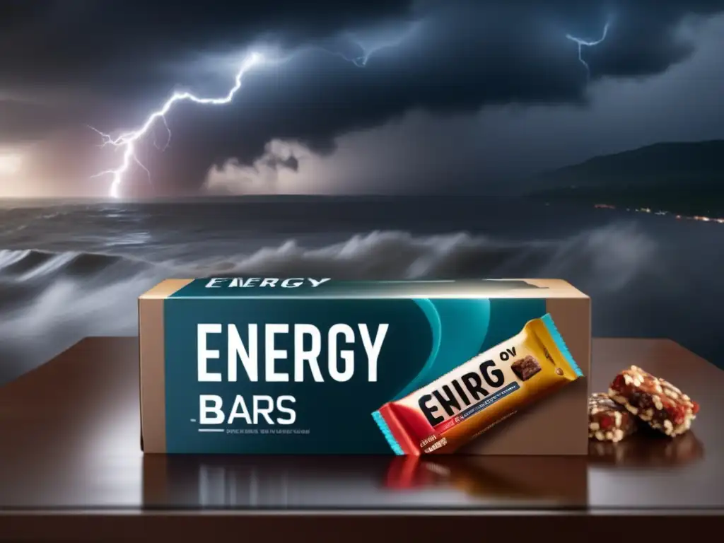 Amidst the chaos of a hurricane, a person holds on to energy bars protectively, their reflection mirrored on wet surfaces